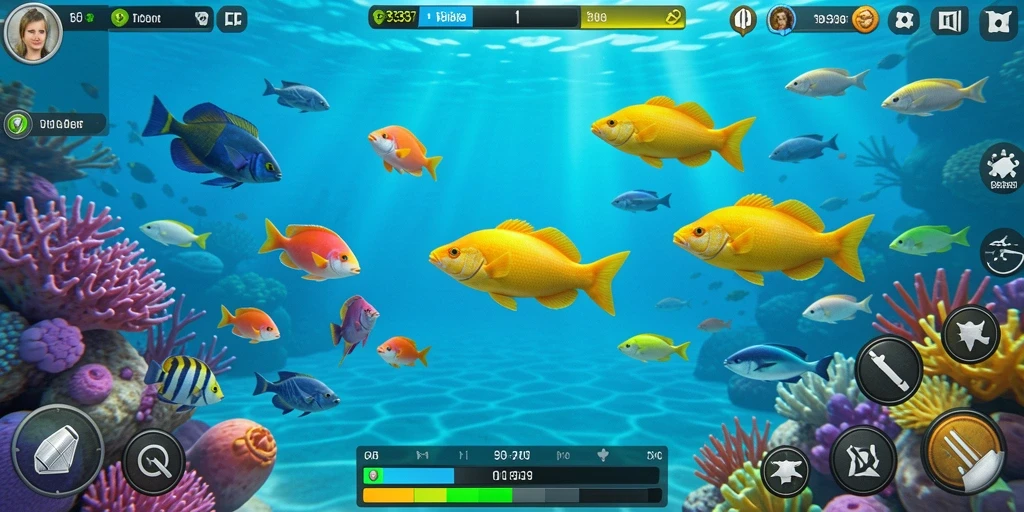 Screenshot gameplay Tembak Ikan yang penuh warna dan animasi.