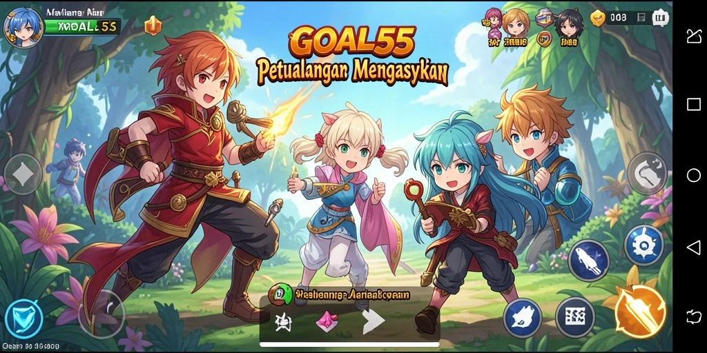 Screenshot gameplay dari GOAL55 menampilkan aksi karakter anime yang seru.