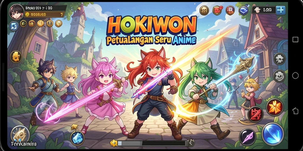 Screenshot HOKIWON menampilkan karakter anime dalam aksi beragam.