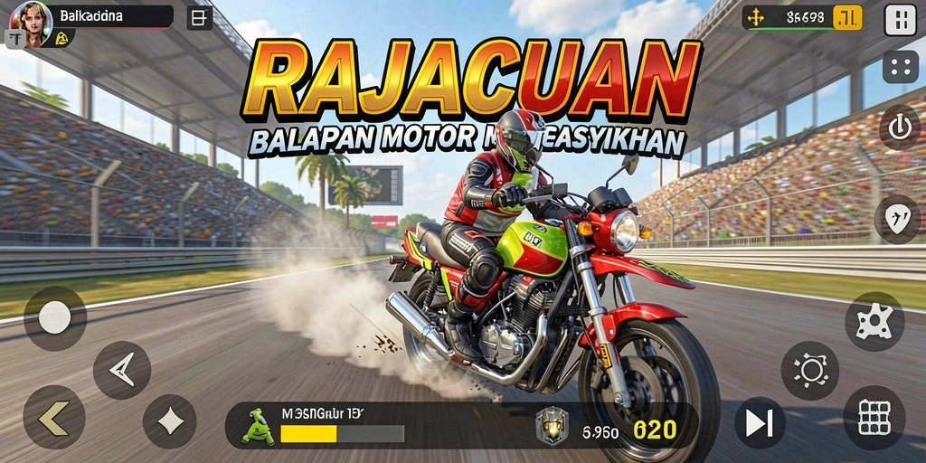 Tampilan gameplay menegangkan di RAJACUAN dengan motor balap cepat.